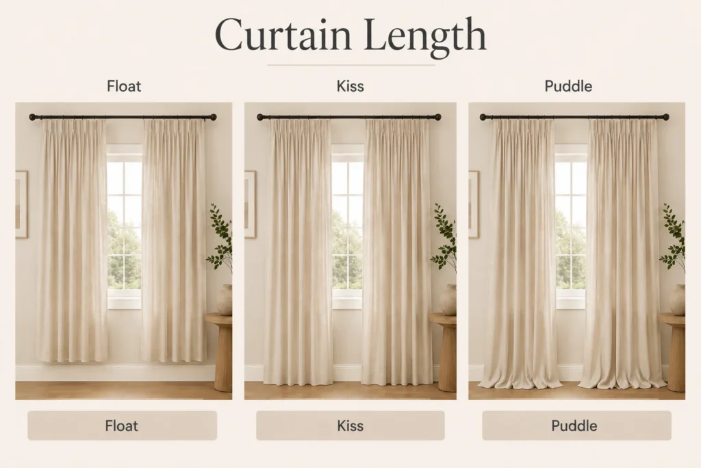 3 different curtain lengths: floating, kiss and puddle